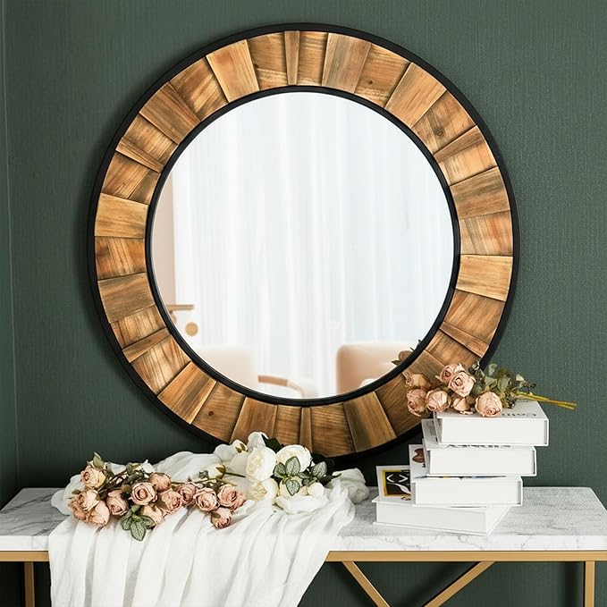 ZIYOO Round Wood Mirror 30", Metal & Wooden Frame Decorative Wall Mirror for Bathroom Vanity, Bedroom Living Room Entryway (Wood and Metal,30")