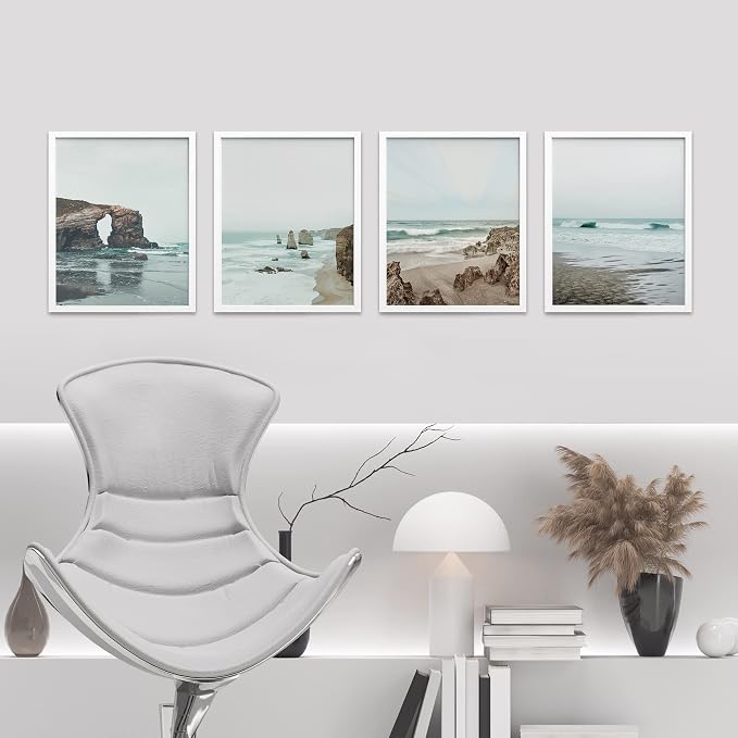 SIGNWIN Framed Rocky Storm Cloud Sky Beach Ocean Wall Art, Set of 4 Landscape Colorful Wall Decor Prints, Nature Wilderness Wall Décor for Living Room, Bedroom - 12"x16" White