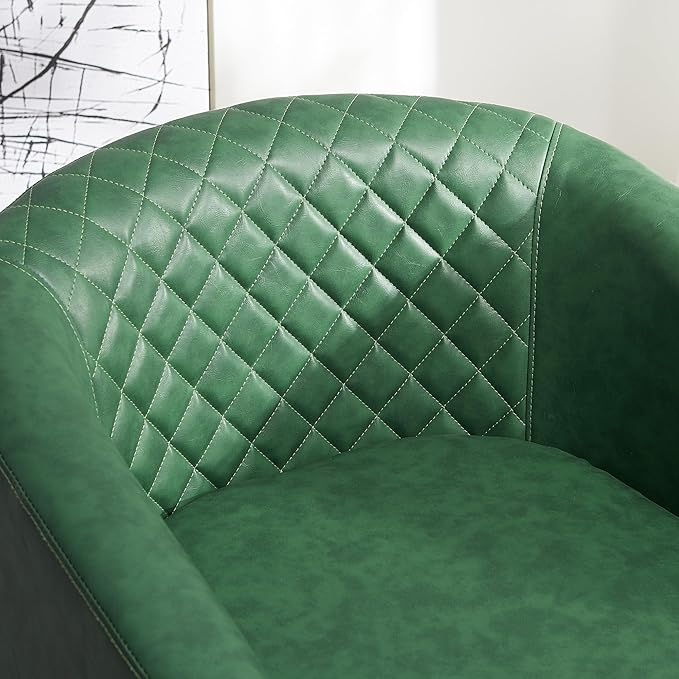 KINWELL 29" Wide Tufted Faux Leather Swivel Barrel Chair, PU Leather Modern Upholstered Accent Chairs with Nailhead Trim, Small Armchair for Living Room Bedroom, Green