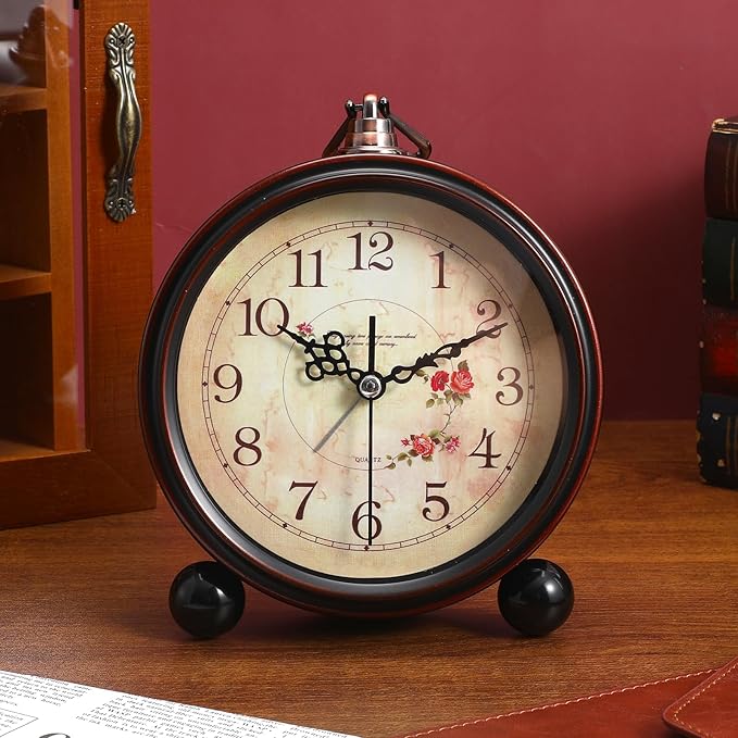 Veemoon Vintage Desk Alarm Clock - 8# Antique Silent Table Clock Decorative Quiet Non-Ticking Alarm - Retro European Style- for Kids, Office, Desk Bedside Shelf Decor, No Battery