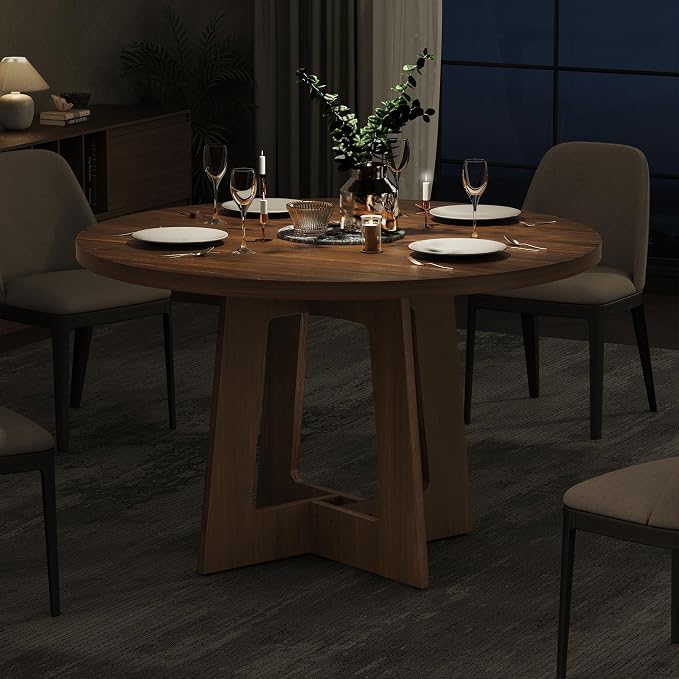 Round Dining Table for 4, Wooden Dining Room Table, Circle Kitchen Table for Home Dining Room Kitchen Living Room (Walnut Brown)