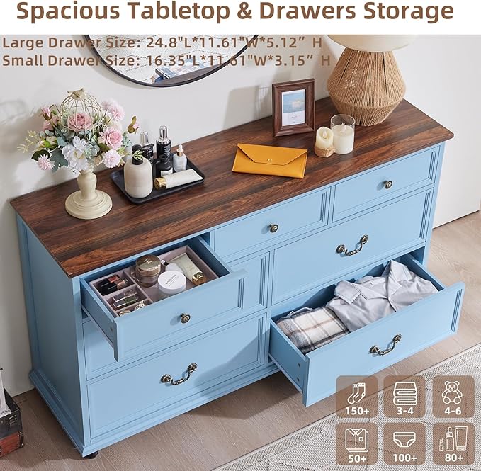 Farmhouse 7 Drawers Dresser Sets of 2 for Bedroom, Light Blue 54 Inch Wide Chest of Drawers w/ 4 Wooden Legs, Large Vintage Rustic Closet Dressers for Living Room, Wood TV Stand