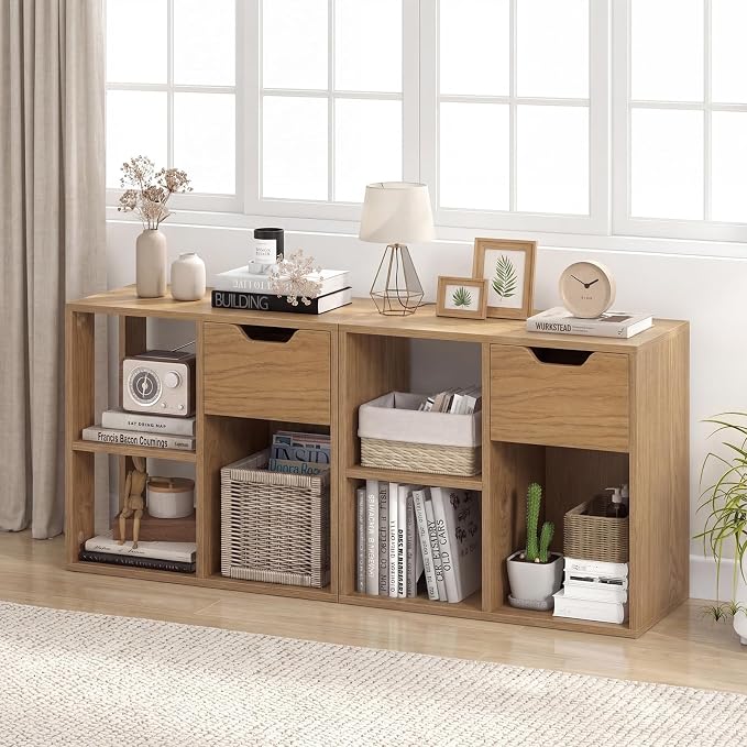 LOKO 3-Cube Bookshelf with Drawer Set of 2, 2-Tier Open Shelf Bookcase, Freestanding Display Shelf, Modern Home Storage Organizer, Shelving Unit for Living Room, Study, Office (2, Natural)