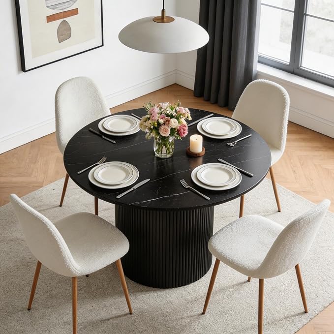 Dining Table Set for 4, Mid Century Modern 47 Inch Black Marble-Look Wooden Round Dining Table Set, Space Saving (Table + 4 White Chairs)