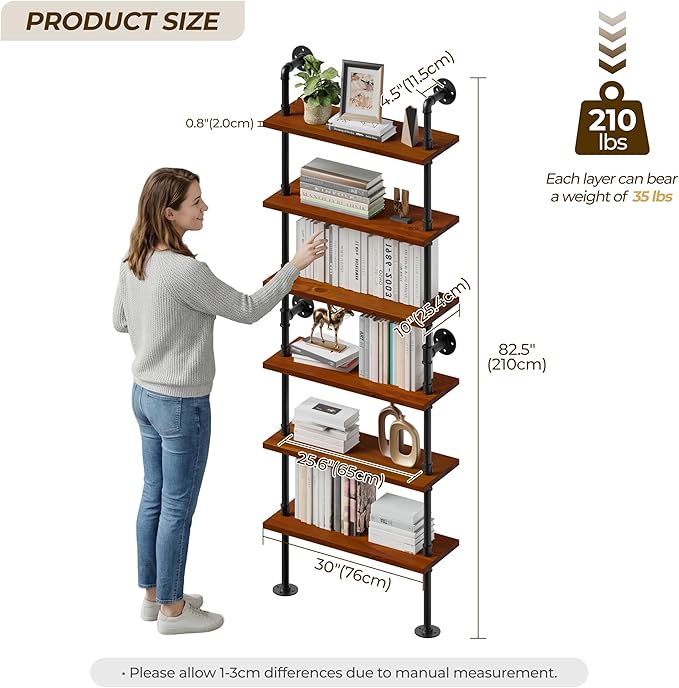 Pipe Industrial Shelves, Wall Mounted Wood Metal Ladder Rustic Bookshelf (Walnut Color, 6 Tier - 10" D x 30" W x 82.5" H)