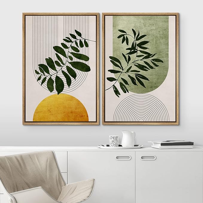 IDEA4WALL Framed Canvas Print Wall Art Set Mid-Century Geometric Forest Plant Leaf Nature Wilderness Illustrations Modern Art Rustic Decorative for Living Room, Bedroom, Office - 16"x24"x2 Natural