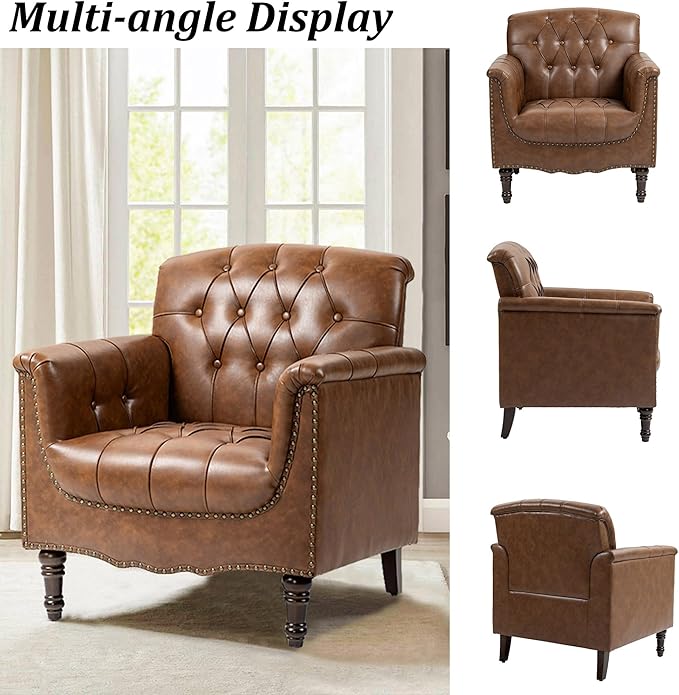 Faux Leather Accent Chair, PU Leather Modern Comfy Upholstered Armchair with Wood Legs & Nailhead Trim for Living Room, Bedroom (Brown,Set of 1)
