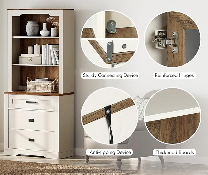 WAMPAT 3 Column 73.3" Tall Bookcase with Chest of Drawers, 94.5 inch Wide Standing Rustic Bookshelves, Modern Farmhouse Display Storage Cabinet with Adjustable Shelves,Antique White