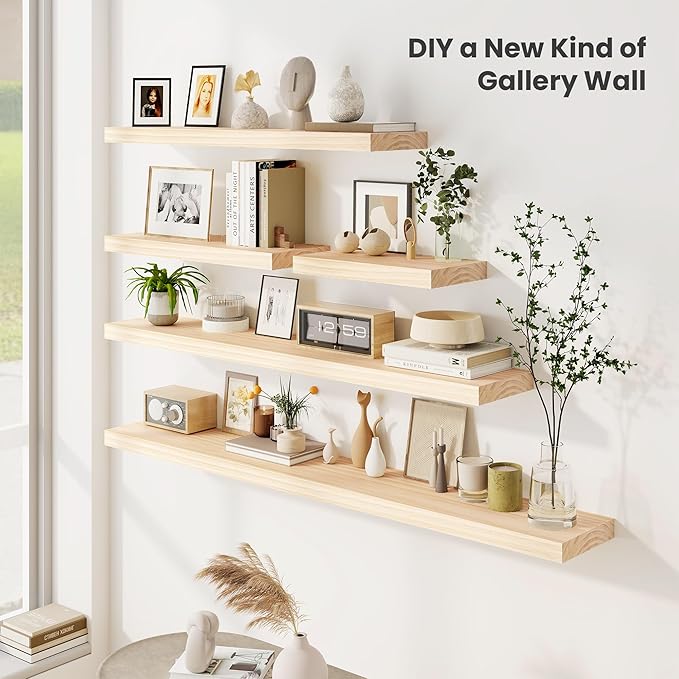 Fun Memories Wood Floating Shelves Set of 2, Rustic Pine Wood Floating Shelves for Wall Mounting, Wide Wall Shelf for Home Decor and Storage, 36" W x 7" D, Natural Unfinished, DIY Stain