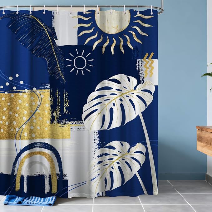 Blue and White Mid Century Modern Shower Curtain Bohemian Abstract Navy Blue and Gold Shower Curtains for Bathroom Decor Sets, Waterproof Cloth Fabric with Hooks, 60x72 Inch