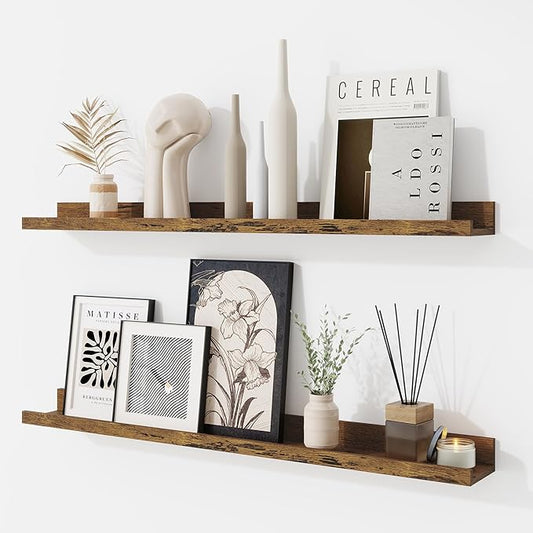 RICHFOCUS Picture Ledge Shelf, 30 inch Floating Shelves Set of 2, Wood Wall Shelves with Lip, Wall Decor Storage for Bedroom Living Room Bathroom Kitchen Nursery Photo Picture, Rustic Brown