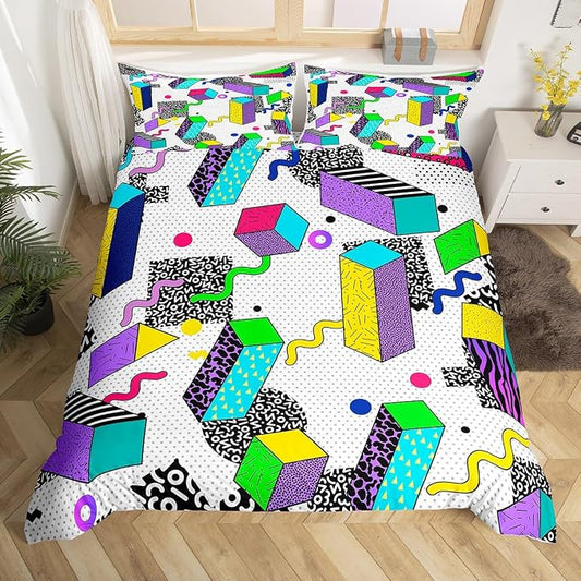 80s 90S Fashion Style Bedding Set Queen Size,Retro Memphis Style Pattern with Geometrical Shapes Duvet Cover for Kids Child,Funky Hipster Old Fashioned Comforter Cover Triangle Geometric Decor