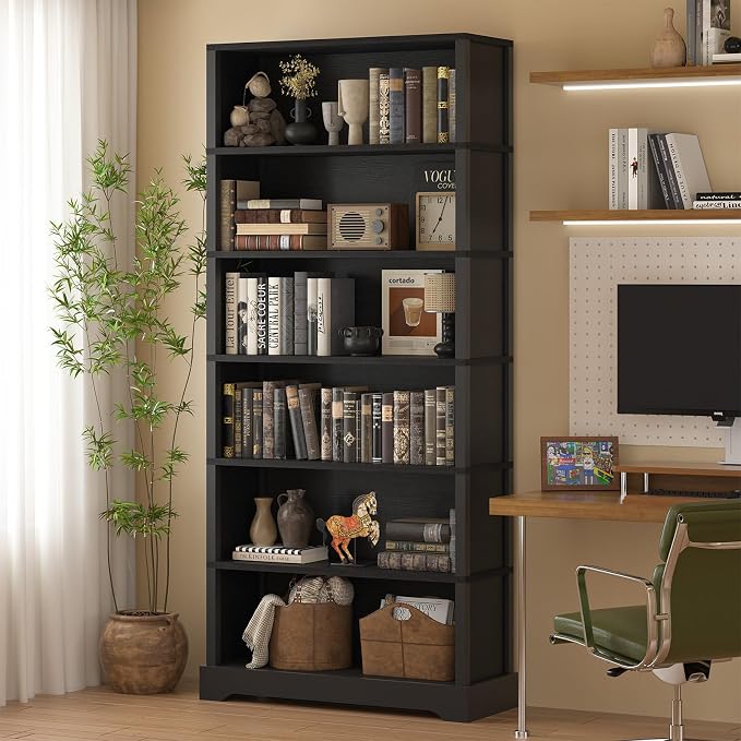 TVU 6-Tier Wooden Bookshelf, 77.2" Tall Farmhouse Style Open Bookcase, 31.5" W Standing Book Shelf with Storage, Suitable for Study, Living Room, Office, Blcak