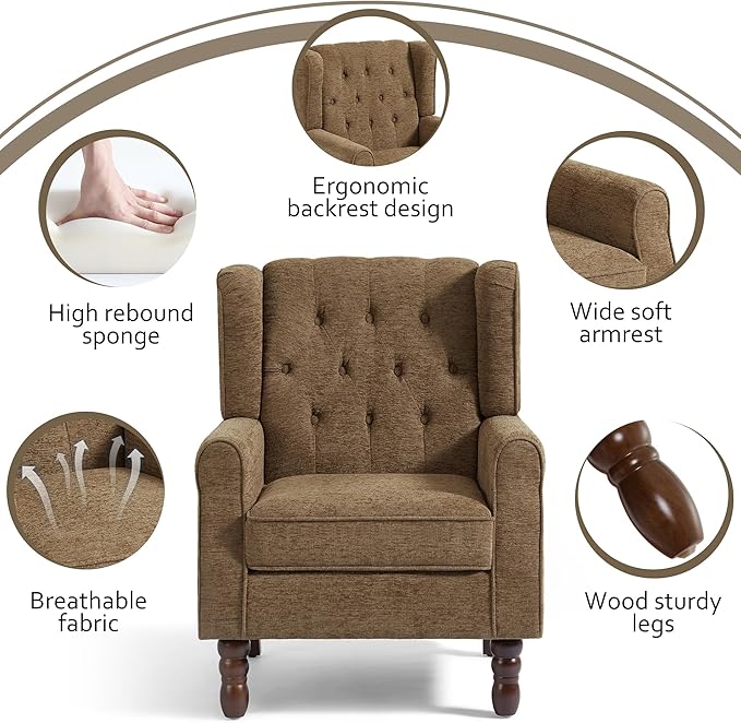Accent Chairs Set of 2, High Back Upholstered Chair with Button Tufted, Mid-Century Modern Comfy Wingback Chair Reading Armchair in Fabric for Living Room for Bedroom, Office-Brown