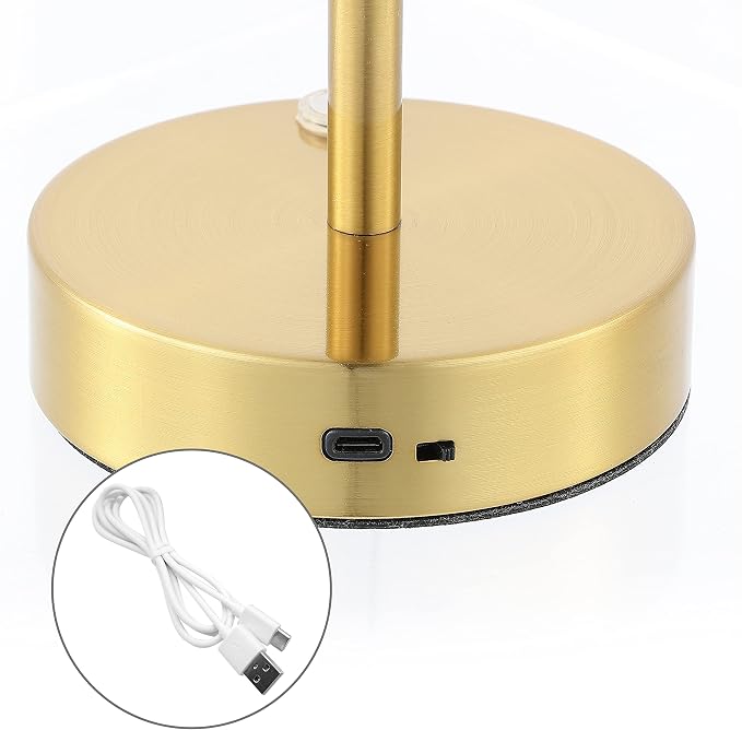 JONATHAN Y 12.25" Brass Gold/White Rechargeable Table Lamp, Modern Cordless LED Nightstand Lamp, White Glass Shade, Dimmable Portable Desk Lamp for Bedroom Living Room Dining (JYL7108C)