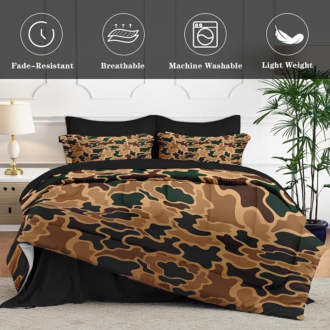 7Pcs Comforter Set Full Size, Brown Camouflage Camo Hunting Hunter, Bedding Decor Wood Green Desert Army Military Bedroom Bed Set Flat Sheet Fitted Sheet Pillowcases Shams for Kids Adults