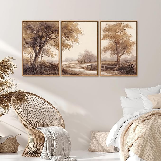 Rantodecor Vintage Landscape Framed Canvas Wall Art Triptych, Rustic Tree Sketch Wall Decor, Large Claming Nature Forest Art Paintings, Modern Relax Farmhouse Artwork for Bedroom Living Room 16"x24"x3