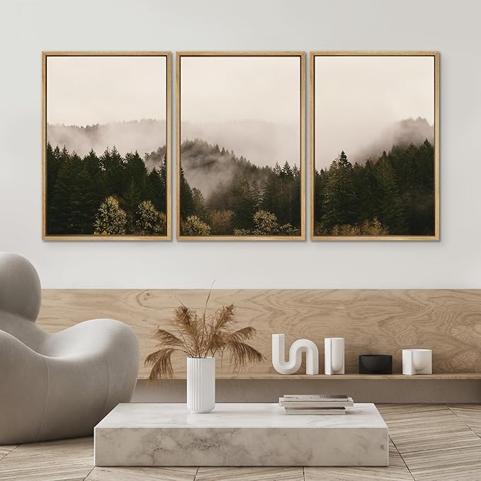 SIGNWIN 3 Piece Framed Canvas Wall Art Brown Foggy Mountains Nature Wilderness Photography Abstract Rustic Canvas Prints Home Artwork Decoration for Living Room,Bedroom - 24"x36"x3 Natural