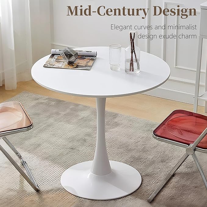 24 Inch Round Dining Table,Mid-Century Tulip Table with Metal Pedestal Base,Modern Leisure Table for Small Space Kitchen Dining Room,Easy Assembly,White