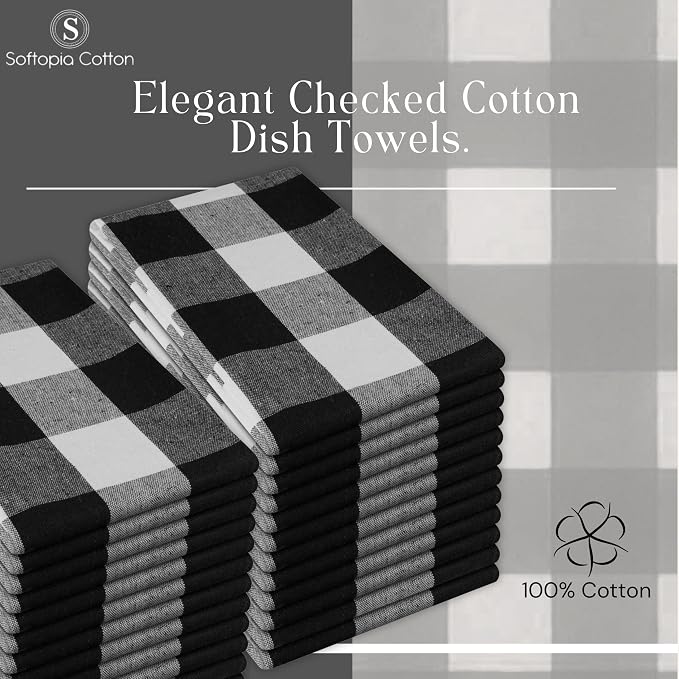 Black Buffalo Plaid Kitchen Dish Towels, 4 Pack, 100% Cotton, 16x26 Inches, Super Absorbent, Quick Dry, Soft, Durable, Dish Drying & Cleaning Towels with Hanging Loop, Black & White