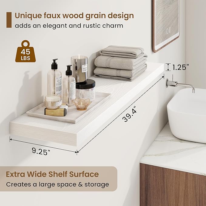 40in Floating Shelves for Wall, 40"W x 9.25"D x 1.25"H, 2 Pack Long Wall Mounted Engineered Wood Shelves with Invisible Brackets for Living Room, Bedroom, Bathroom, Kitchen Decor and Storage, White