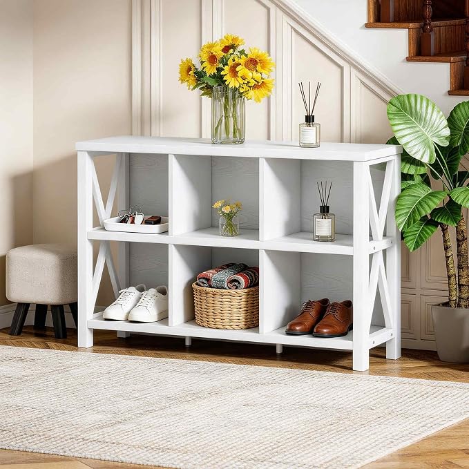 FATORRI 6 Cube Storage Organizer with Shelf, 47 Inch Long Horizontal Bookshelf, Wood and Metal Cube Bookcase, Low Book Shelf for Living Room, Home Office (White Oak)