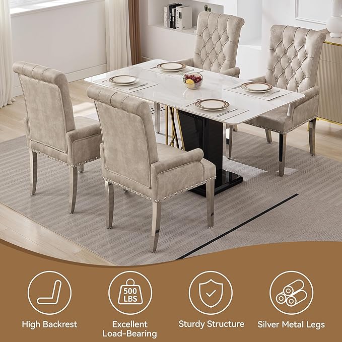 Velvet Dining Chair with Arms, Upholstered Tufted High Back Dining Room Chairs, Accent Armchair with Chrome Leg and Nailhead Trim, Kitchen Dining Living Room, Beige (Ivory)