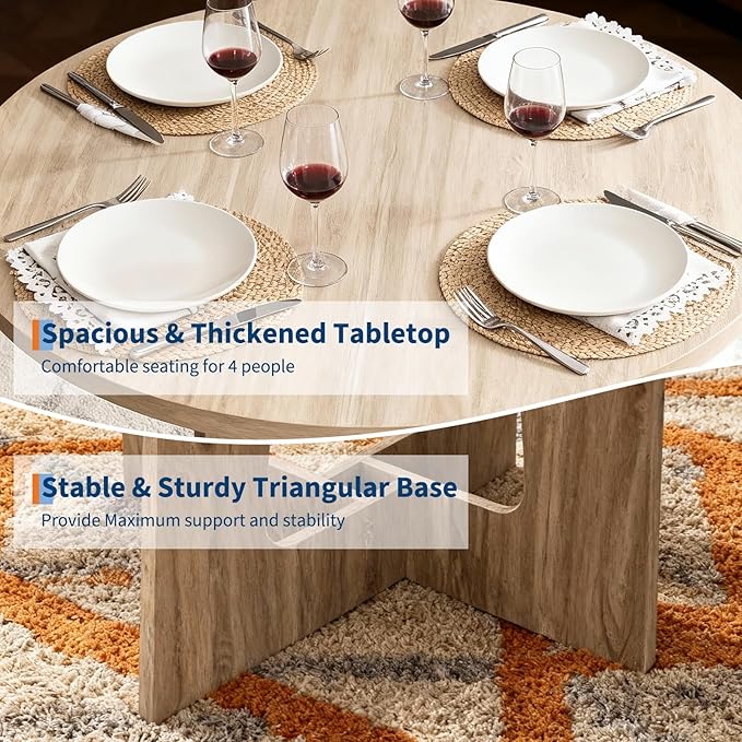 Round Dining Table for 4, 43.3" Kitchen Table for Dining Room, Circle Farmhouse Kitchen Table, Wood Dinner Table for Kitchen, Living Room, Apartment, Natural