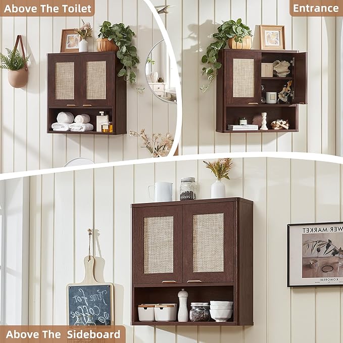LEYAOYAO Rattan Bathroom Wall Cabinet, Boho Medicine Cabinet with Adjustable Shelf & Doors, Over The Toilet Storage Cabinets Organizer for Laundry Room, Kitchen, Living Room, Walnut