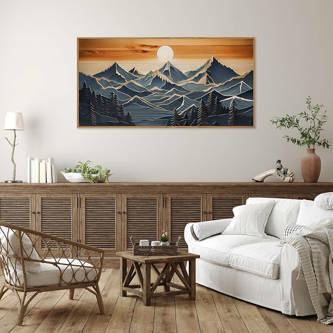 Tinonedraw Large Mountains Framed Canvas Wall Art, Boho Nature Woodcut Forest Art Prints, Mid Century Modern Wall Decor, Sunset Landscape Art Paintings for Living Room Bedroom Office 20"x40"