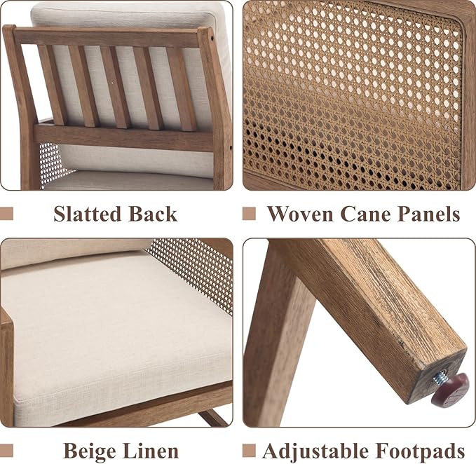chairus Mid-Century Modern Accent Chairs Set of 2, Upholstered Solid Wood Armchairs with Cane Armrests & Slat Back, Comfy Rattan Reading Chairs for Living Room Bedroom Guest Room, Beige Linen