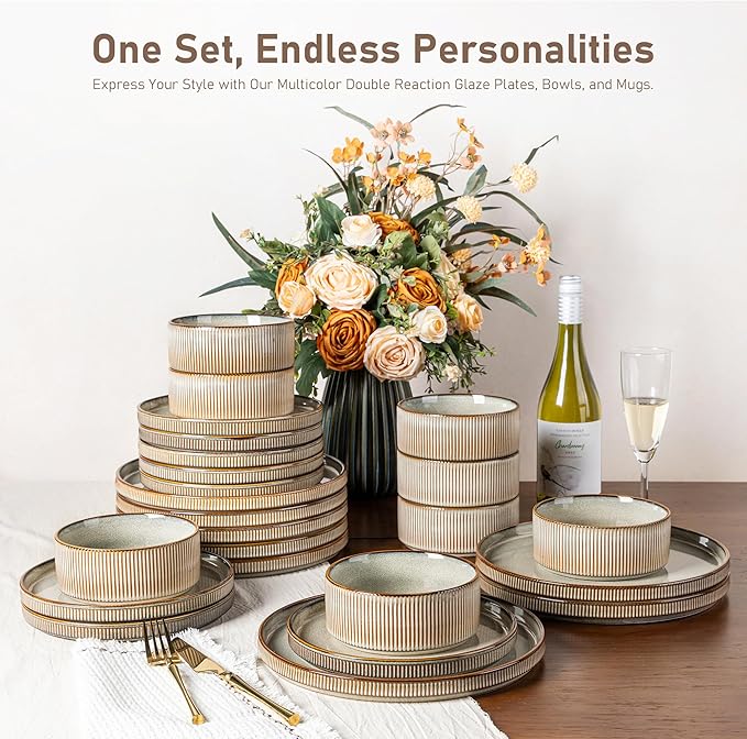 GBHOME 18-Piece Stoneware Dinnerware Set for 6 – Ribbed Ceramic Plates and Bowls, Scratch-Resistant, Microwave & Dishwasher Safe, Reactive Glaze, Mist Green