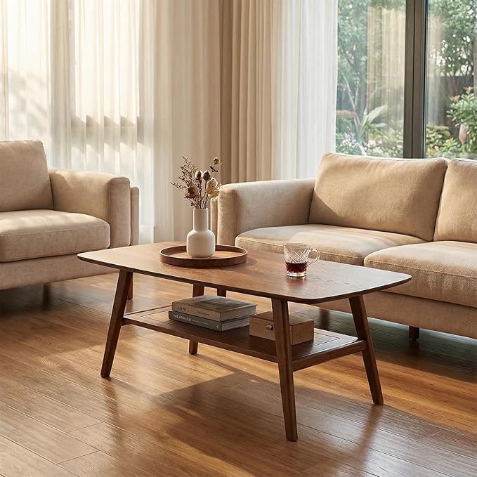 Mid Century Modern Coffee Table: 100% Solid Wood Coffee Table - 2-Tier Storage Design - Practical Coffee Tables for Living Room, Apartment, Easy Assembly (Walnut, 39.37")