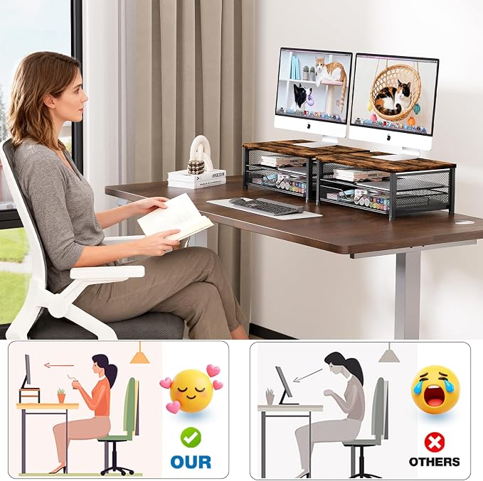 OPNICE Computer Monitor Stand Riser, Desk Organizer with Drawer, Printer & Laptop Stand, Office Desk Accessories & Workspace Desktop Organizers Storage for Office Supplies(Brown)