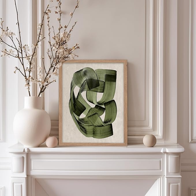 Poster Master Green Abstraction Poster - Brush Strokes Print - Painted Swirl Art - Chic Boho Design - Abstract Illustration - Great Office or Living Room Decor - 8x10 Beige Framed