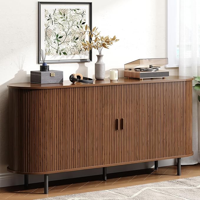 Buffet Cabinet with Storage, Fluted Sideboard Buffet with Sliding Door, Coffee Bar Cabinet with Adjustable Shelf, Console Table, Accent Table for Entryway, Kitchen (Walnut, 63 Inch)