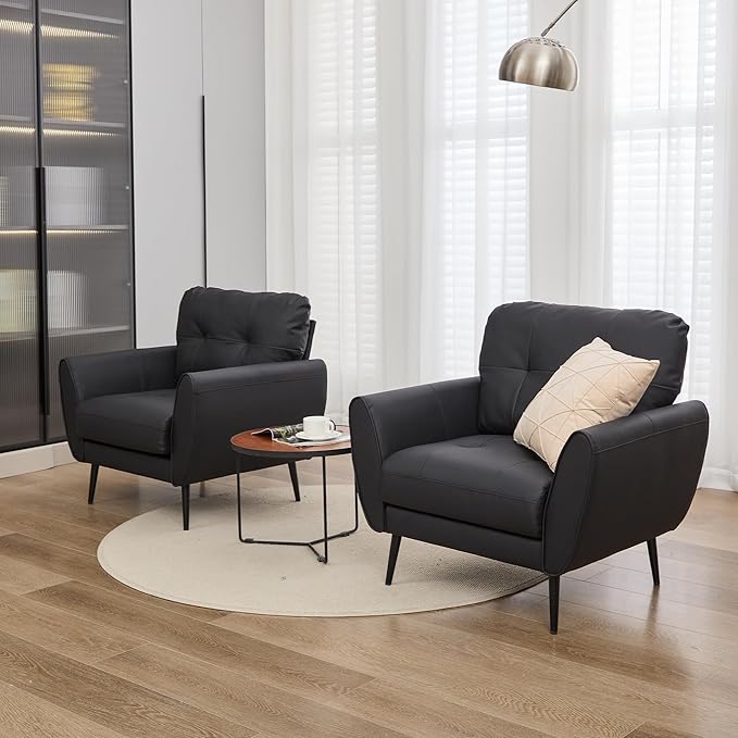 TYBOATLE Accent Chairs Set of 2, Comfy Modern Living Room Chair Black Leather Reading Accent Chairs Tufted Mid Century Arm Chair Small Salon Chair for Office Bedroom (2, Black)