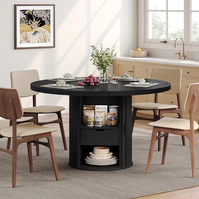 Round Dining Table for 4-6 Seats, 47" Circle Kitchen Table with Storage Drawer, Modern Mid-Century Pedestal Dinner Tables, Fluted Wood Base, Space Saving Dining Room Furniture for Family Party, Black
