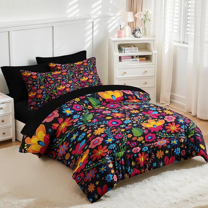 Nesker 7 Pcs Comforter Set Full Size, Mexican Floral Flower Bedding Set for Kids and Adults, Retro Red Beautiful Bed Sheet Sets with Fitted Sheet 2 Pillowcases & 2 Shams