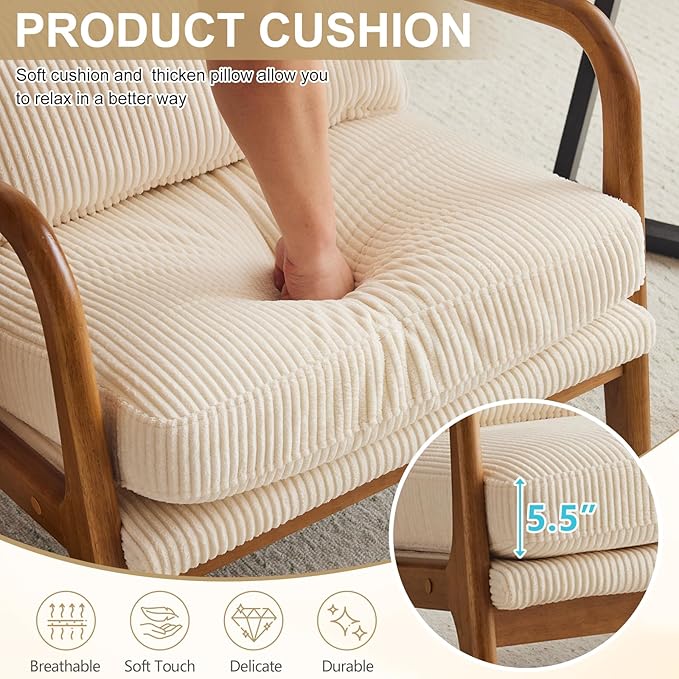 Karl home Mid-Century Modern Accent Chair, Living Room Chairs with Pillow High Back Corduroy Upholstered Lounge Armchair with Solid Wood Frame & Soft Cushion for Bedroom, Reading Room, Beige