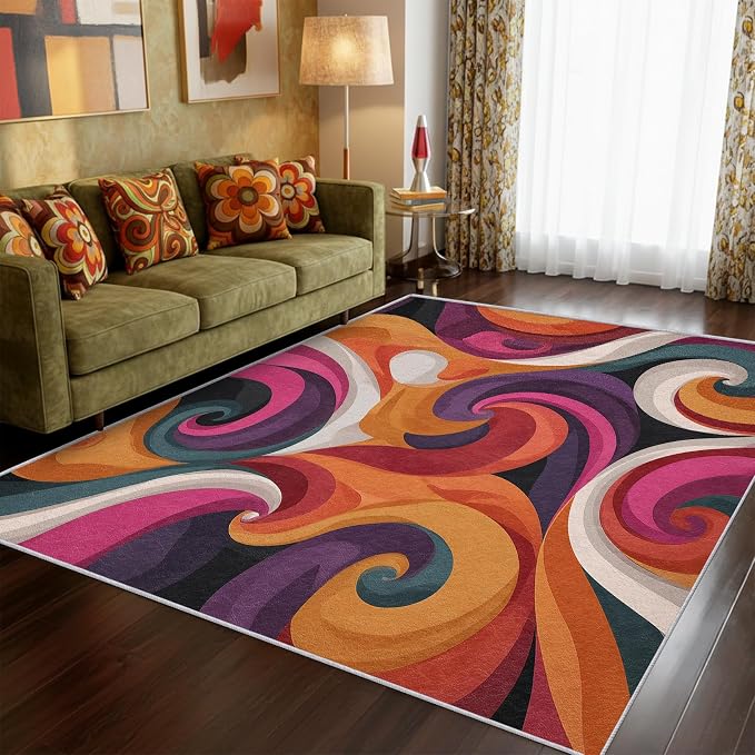 70s Rug 5x8 Retro Funky Hippie Psychedelic Swirl Pattern Area Rugs for Living Room, Bedroom, 70s Home Decor Accessories Indoor Carpet, Non Slip & Machine Washable, GD0397