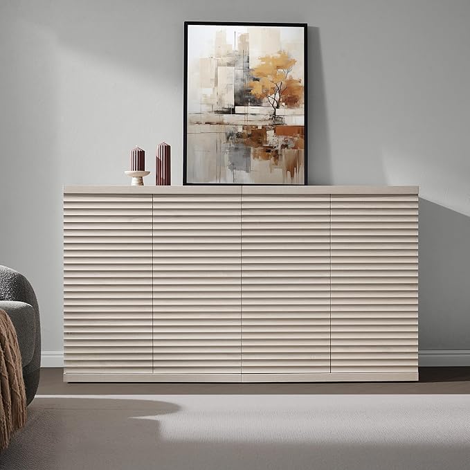 SICOTAS Buffet Cabinet with Storage Accent Sideboard Modern Credenza with Doors & Shelves Fluted Media Console Mid Century Coffee Bar Table for Living Room Kitchen Dining Room Hallway (1PCS)