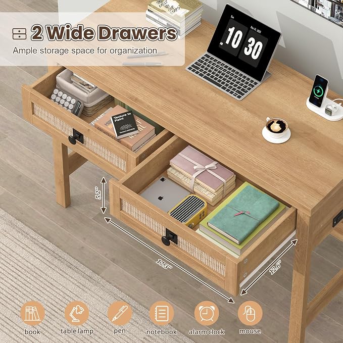 YOMILUVE Rattan Computer Desk with 2 Drawers, 39 Inch Small Desk with Power Outlets, Farmhouse Boho Vanity Desks, Compact Writing Study Table for Small Spaces, Oak