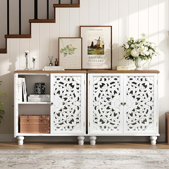 JOINICE White Accent Cabinet with Walnut Finish Top, 31" Farmhouse Storage Cabinet with Carved Doors for Living Room, Sideboard Buffet for Dining Room, Solid Wood Legs
