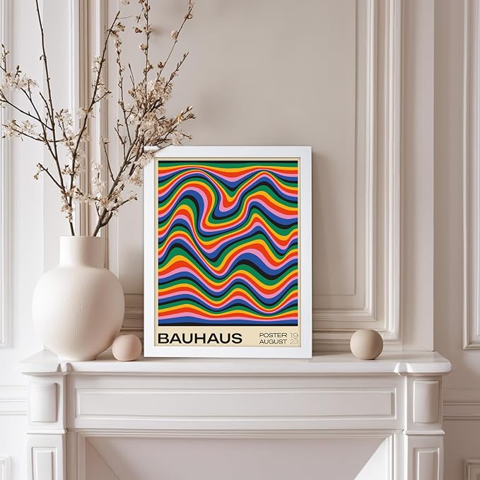 Poster Master Bauhaus Poster - Psychedelic Waves Print - Abstract ART - Rainbow ART - Groovy Style - Chic Boho - Mid Century Modern - Living Room or Bedroom Wall Decor - 8x10 White Framed