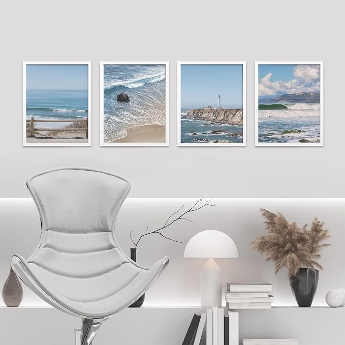 SIGNWIN Framed White Aerial View Blue Ocean Wave Beach Shore Wall Art, Set of 4 Landscape Colorful Wall Decor Prints, Nature Wilderness Wall Décor for Living Room, Bedroom - 8"x10" White