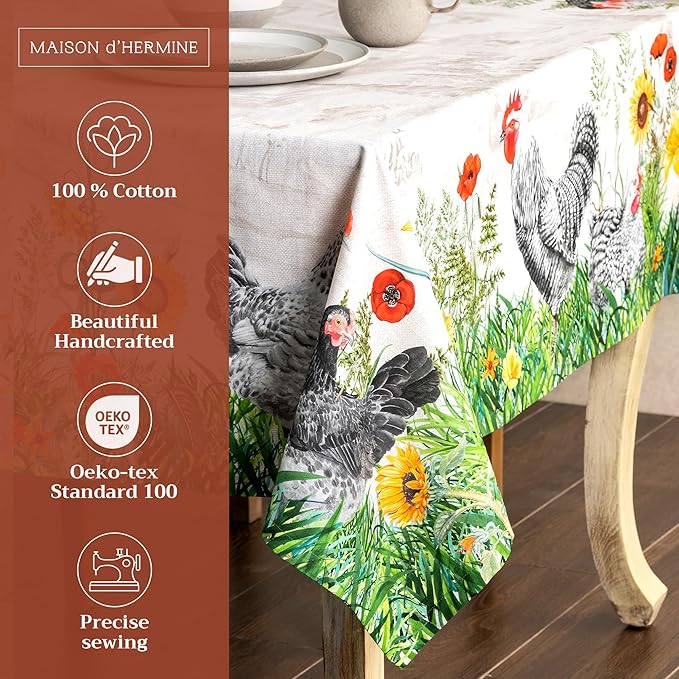 Maison d' Hermine Table Cloth Square Table 100% Cotton 60 x 60 Inches Tablecloth Reusable Decorative for Dining Room Farmhouse Home Valentines Day Decorations Spring Summer - Basse Cour