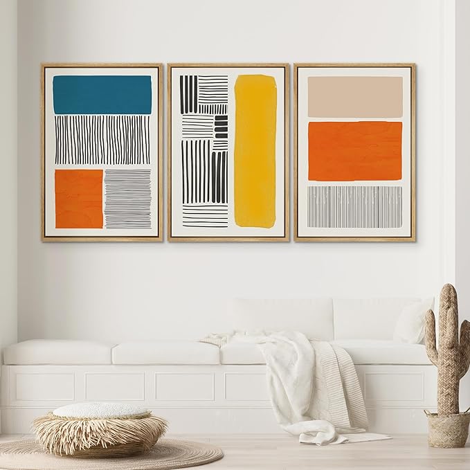 SIGNWIN Framed Canvas Print Wall Art Set Mid-Century Bright Color Block Collage Abstract Shapes Illustrations Minimalism Bohemian Decorative for Living Room, Bedroom, Office - 16"x24"x3 Natural