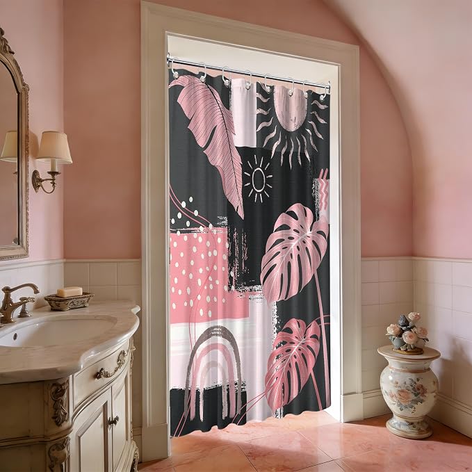 Small Stall Narrow Shower Curtain Pink and Gray Stand Up Abstract Grey Bohemian Shower Curtains for Rv Camper Bathroom Decor Sets, Waterproof Cloth Fabric with Hooks, 36 x 72 Inch