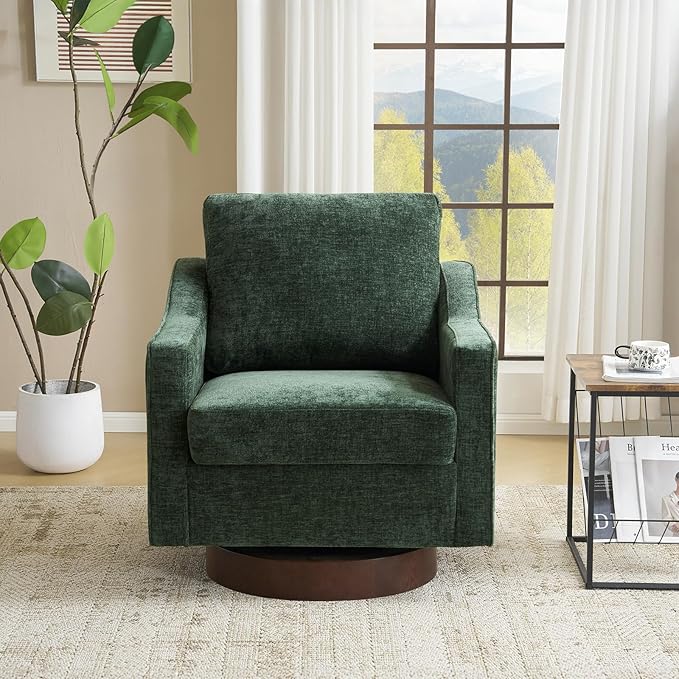 VINGLI Mid-Century Modern Swivel Accent Chair, 360°Upholstered Armchair, Home Sofa with Track Arms for Living Room, Bedroom, Reading Room, Club Swivel Chair,Chenille Green